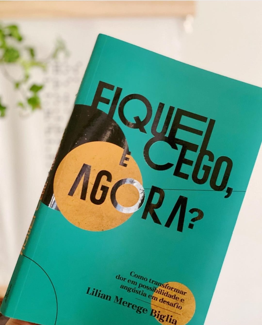 Destaque da capa azul do livro Fiquei cego, e agora? A capa tem 02 círculos na cor bege e 01 círculo na cor preta.