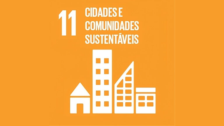 Desenhos estilizados de uma casa e 03 prédios na cor branca sobre fundo laranja. Acima vemos o número 11 e o título cidades e comunidades sustentáveis