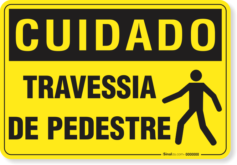 Imagem de uma placa de trânsito na cor amarela com a mensagem "cuidado, travessia de pedestres" em letras pretas. 