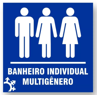 Placa com fundo azul e 03 pictogramas referenciando homem, mulher e gênero não definido. Abaixo em letras brancas lê-se "banheiro individual multigênero"