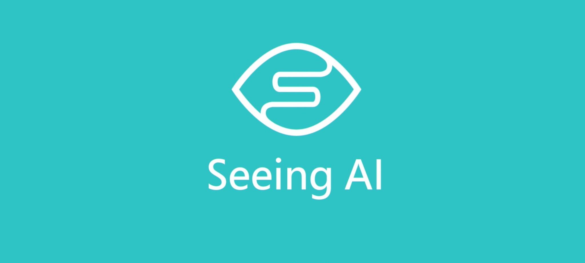 Imagem com fundo azul e logo em branco no formato de um olho com e letra "S" estilizada por dentro. Abaixo, em letras brancas está escrito "Seeing AI"