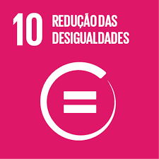 Imagem com fundo rosa. Em letras brancas o número 10, a frase "redução das desigualdades e um pictograma em formato de círculo com o sinal matemático de igual dentro.