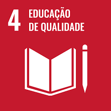 Imagem com fundo vermelho. Em letras brancas o número 4, a frase "educação de qualidade" e o desenho de um livro e um lápis