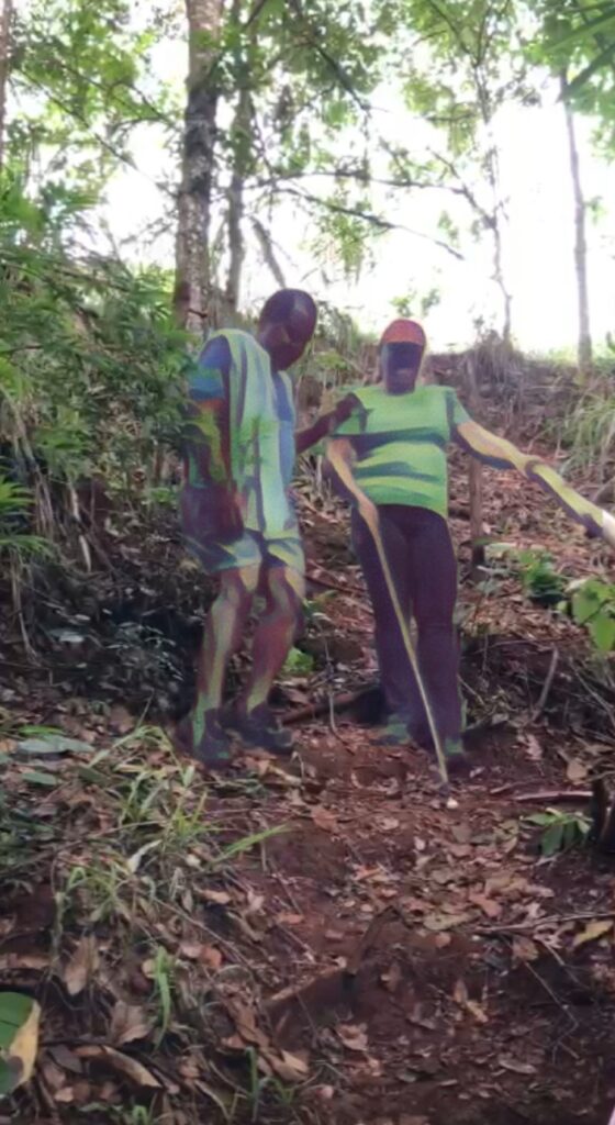 Um homem e uma mulher estão descendo uma trilha em meio à natureza. O homem está orientando a mulher que segura com uma das mãos em um corrimão de bambu e com a outra mão explora o chão com uma bengala longa.