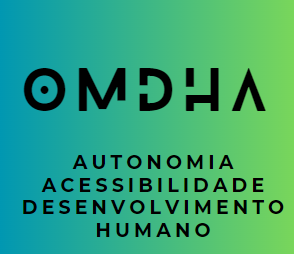 Logo do OMDHA em letras pretas. Abaixo, lemos: Autonomia, Acessibilidade, Desenvolvimento Humano em letras pretas. Ao fundo uma  palheta de cores que vão do azul ao verde.