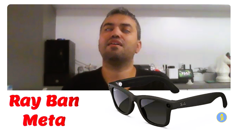 Imagem mostra Leonardo do Canal Inclunet. Abaixo, à esquerda lemos Ray Ban Meta e ao lado direito aparecem os óculos